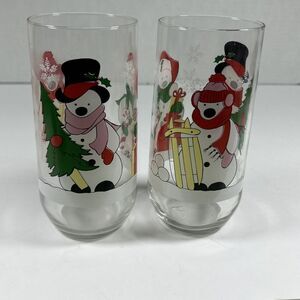 Vintage Luminarc Christmas Snowman Drinking Tumbler glasses Set Of 2